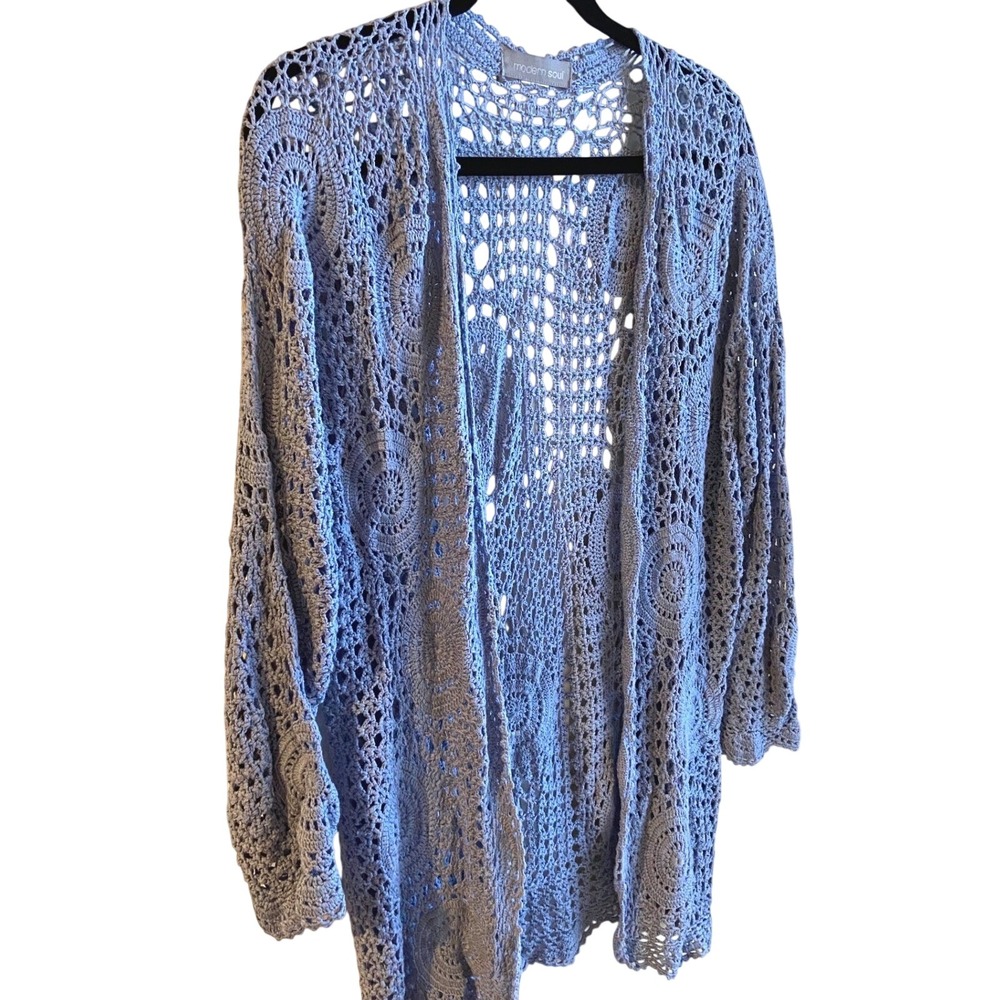 Modern Soul Womens Cardigan Crochet Open Knit Medallion Blue Linen Cotton Blend